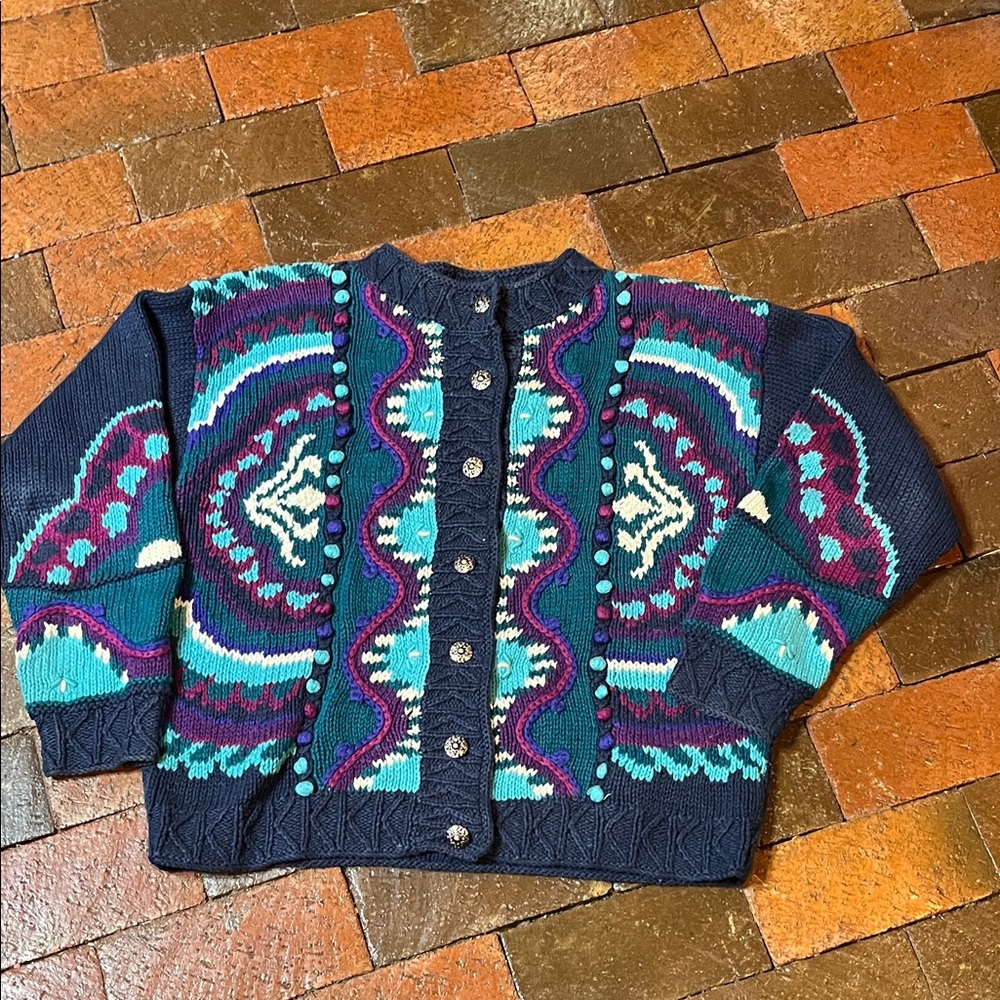 Navy Multicolor Knit Button-Front Cardigan Sweater